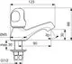 Standventil mit seitlicher Ausladung, dargestellt in technischem Schema; Ideal Standard-Produkt mit klaren Abmessungen und Anschlussdetails.